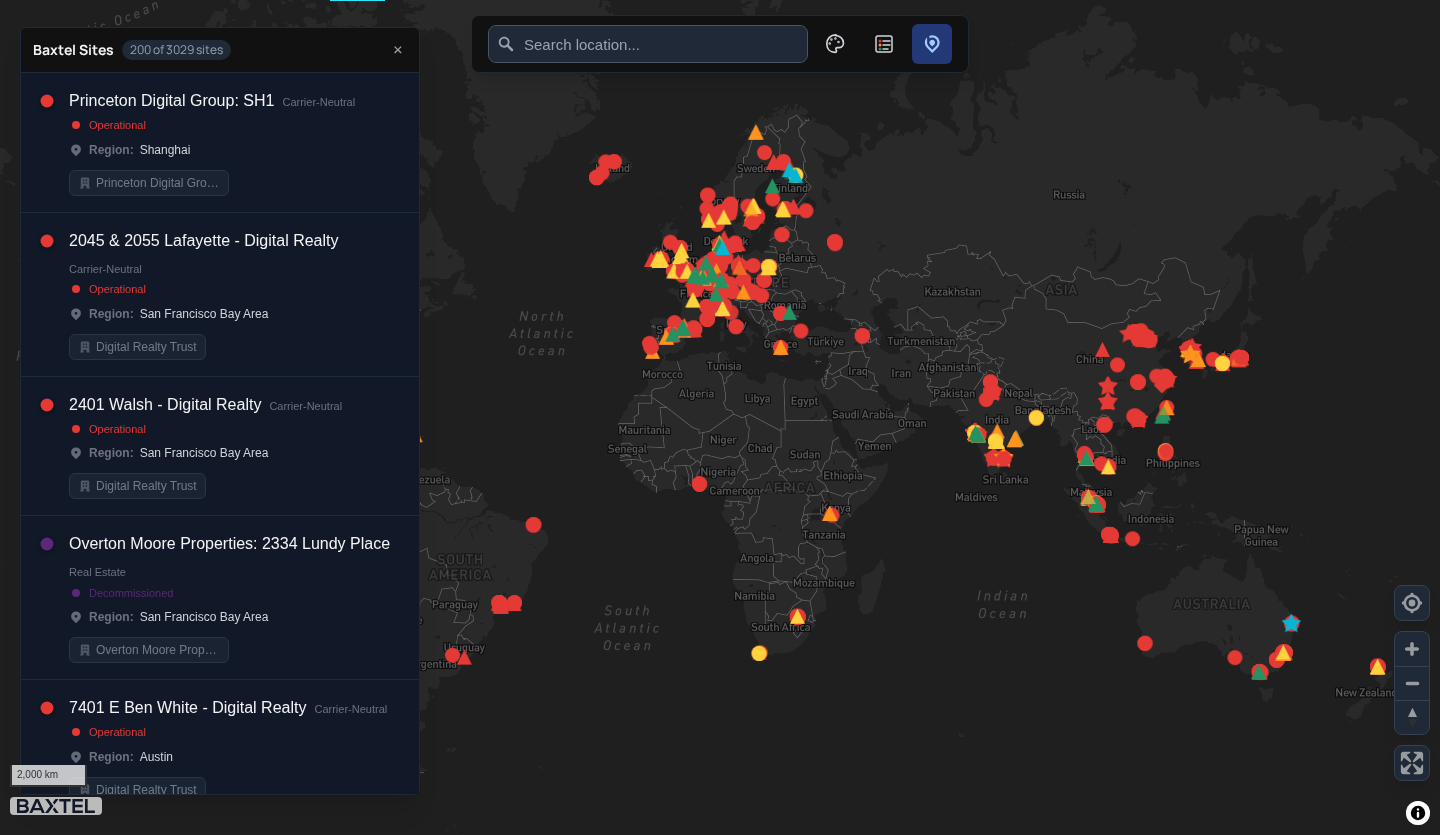 Baxtel interactive global data center map showing facilities around the world