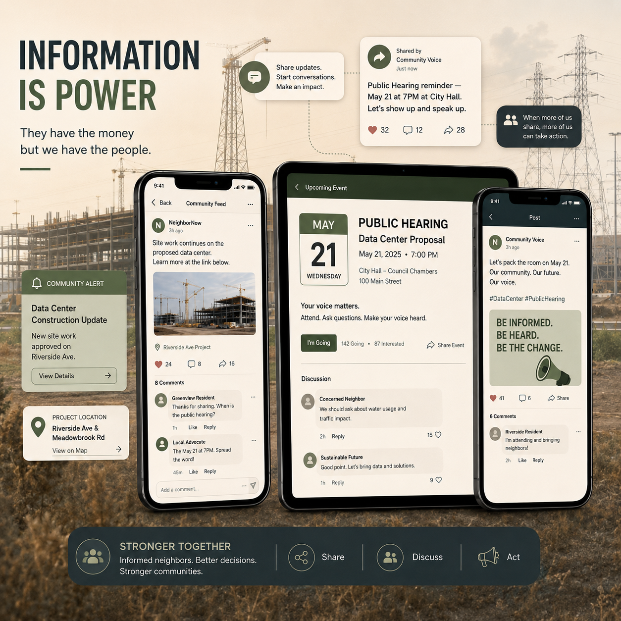 Information is power — neighbors sharing updates, public hearing notices, and community alerts on phones and tablets