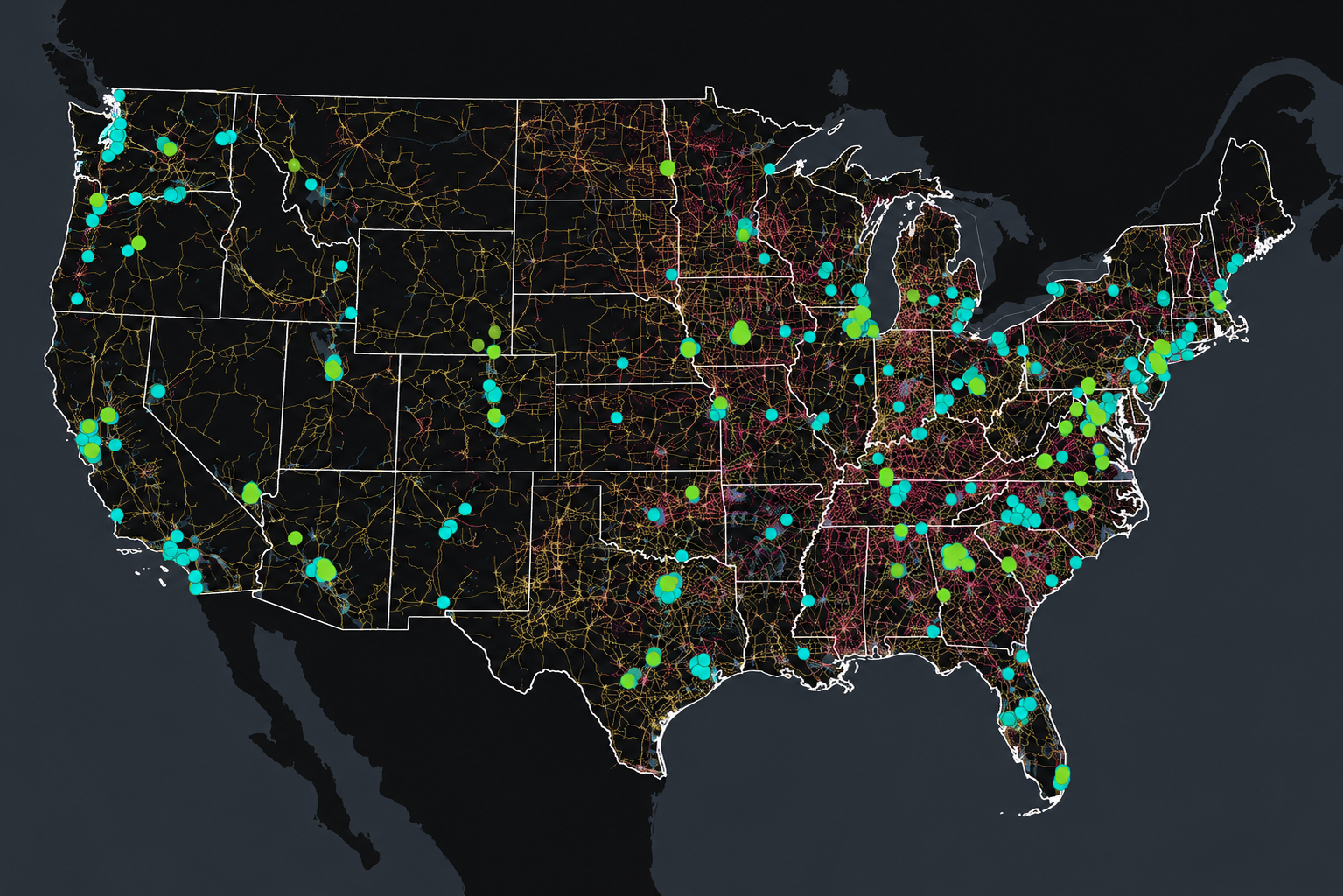 Map of existing and projected US data centers and water service areas from the PNNL Data Center Atlas